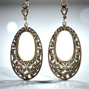 Vintage Sterling Silver Marcasite Filigree Dangle Earrings – 2.25”, 9.6g